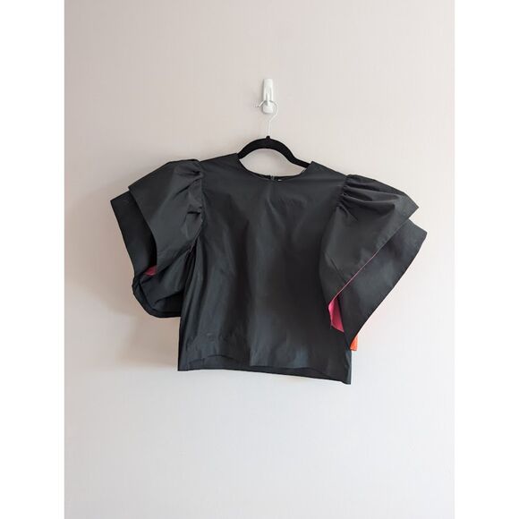 Zara Bloggers Favorite Ruffle Voluminous Sleeve Blouse Top Black Size Small - Picture 7 of 10